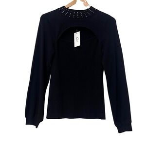 NWT By belldini Cutout‎ Mock Neck Ribbed Sweater Embellished Collar black M
